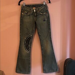 True Religion Blue Flare Jeans with patches